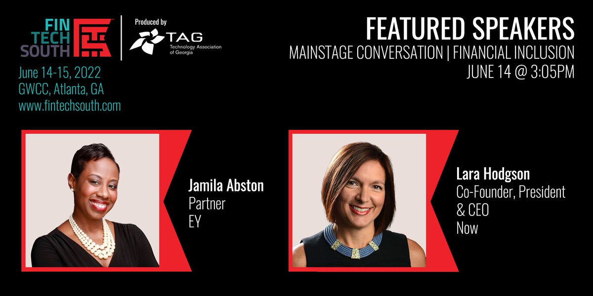 Fintech South (@fintechsouth) on Twitter photo Jamila Abston and Lara Hodgson will be discussing Financial Inclusion on the main stage today at 3:05. Will you be there? Jamila Abston and Lara Hodgson will be discussing Financial Inclusion on the main stage today at 3:05. Will you be there?