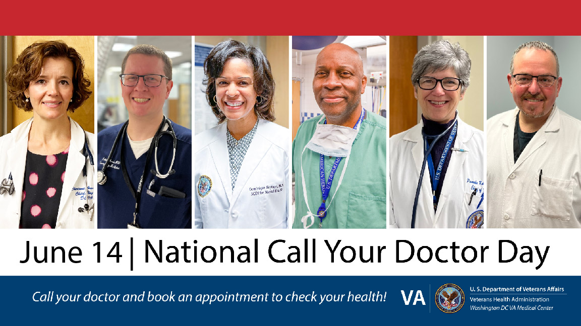 DCVAMC's tweet photo. Today is National #CallYourDoctorDay! These are just a few of the many dedicated doctors who are standing by, ready to care for you at the #DCVAMC. Consider this your yearly reminder to give them a call and schedule your annual checkup today! https://t.co/qJJgAl1TOx****** https://t.co/04l2jWgwYT