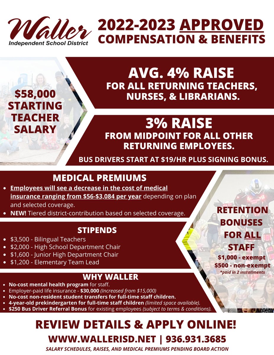 WallerISD's tweet photo. #WISDfamily - The Board of Trustees unanimously approved the 2022-2023 Compensation and Benefits Package as presented by administrators during the regular meeting on June 13. Thank you WISD family! DETAILS: https://t.co/wEhpVHbxHm https://t.co/I99OPjYrwJ