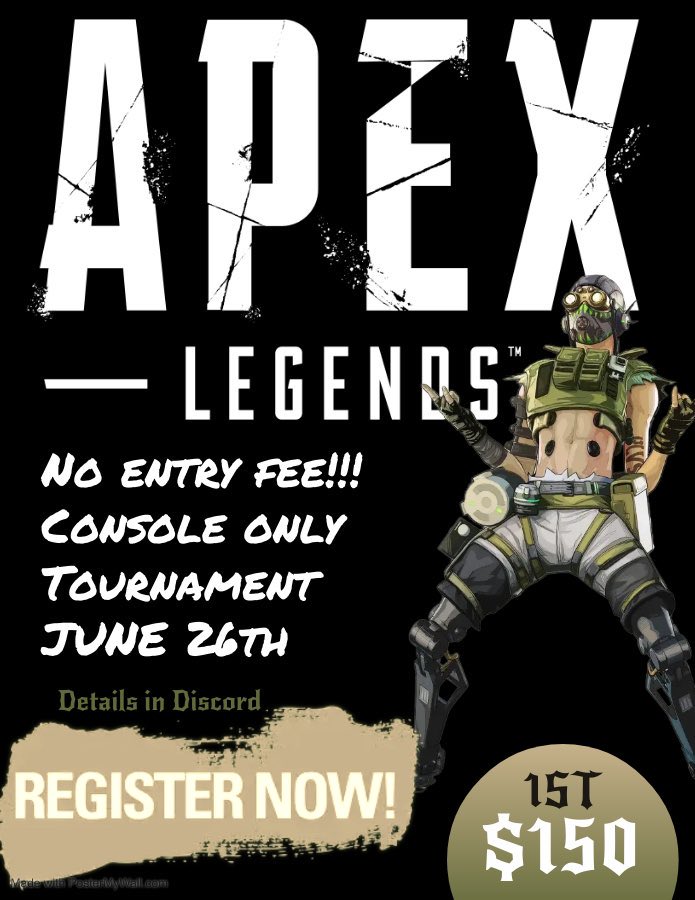 Apex Legends Console only tournament. Sign up for free here! discord.gg/7zHsYkam #Apex #Xbox #PlayStation #tournament #NintendoSwicth #twitchstreamer #smallstreamer #ApexLedgends #ApexLegends #console #twitch