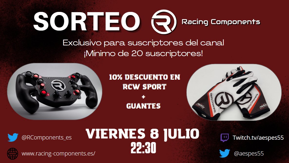 pabloespes's tweet photo. 🚨🚨SORTEO🚨🚨

Solo para subs de mi canal de Twitch (https://t.co/DFIhhTYYtf) 

- 10% de descuento en el aro RCW SPORT
- Guantes de Racing Components

8 de Julio a las 22:30 en mi canal!!

@RComponents_es https://t.co/sF1pg7fWfx