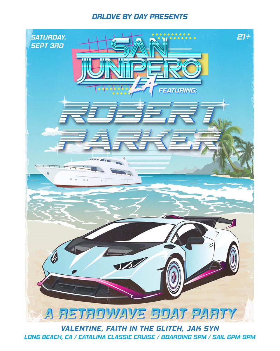 LOS ANGELES! I’m playing LIVE at “San Junipero: a Retrowave Boat Party”, Sept 3rd together with Samuel Valentine, @FITGmusic and <a href="/JAKSYN/">JAK SYN</a> - Don’t miss this! By <a href="/NightWavNYC/">Night.Wav</a> // <a href="/SanJuniperoNYC/">SanJunipero</a> Artwork by the awesome <a href="/graphic_merc/">GraphicMerc</a> Tickets: eventbrite.com/e/san-junipero…