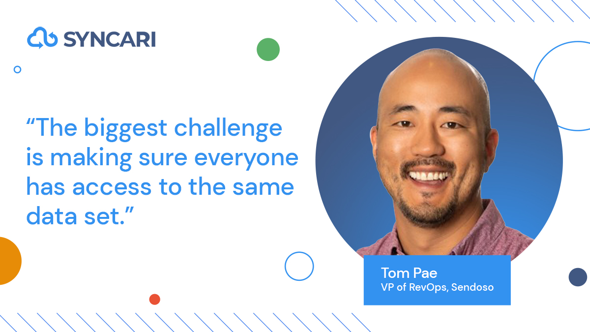 syncari's tweet image. The biggest challenge is making sure everyone has access to the same data set according to Tom Pae, VP of RevOps, @sendosohq. 

We have news: Break siloes and bridge the gap with #distributedtruth. 

Grab your ebook: bit.ly/3tmGy51.

#revops
#SSoTisDead
#DataAutomation