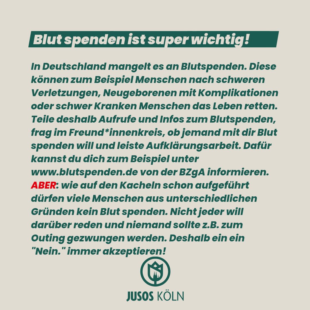 jusoskoeln's tweet photo. Wenn auch erst verspätet möchten wir euch zur #Blutspende auffordern wenn ihr könnt und dürft. Das ist nicht nur am #Weltblutspendetag wichtig, sondern jeden Tag, gerade im Sommer wenn die Reserven knapper werden. https://t.co/2CrMfpmsVh