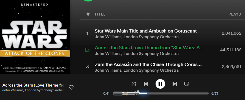 Hidden Easter egg on Spotify. It displays a lightsaber in the music status bar for the Star Wars soundtracks: