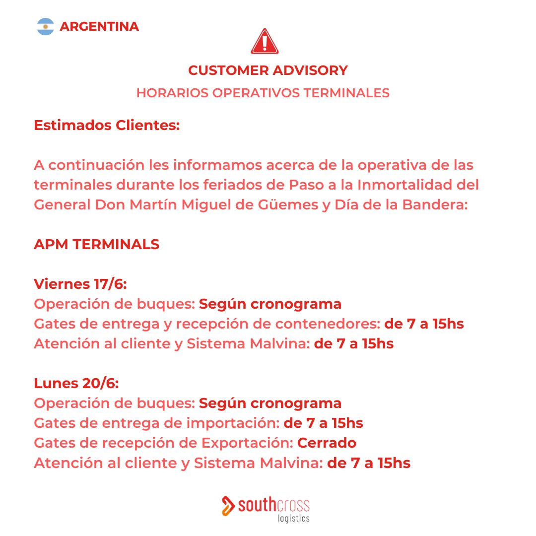 Southcrosslog's tweet photo. ⚠️ Customer Advisory - 🇦🇷 Horarios operativos de Terminales Portuarias | 17/6 &amp; 20/6

#SouthcrossLogistics #YourBusinessRunning #FreightForwarding 
#aduanas  #Import #Export #Customs #Servicios #Transporte #forwarder https://t.co/Yk1hs0AA3J