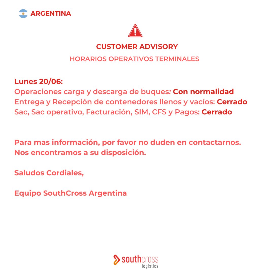 Southcrosslog's tweet photo. ⚠️ Customer Advisory - 🇦🇷 Horarios operativos de Terminales Portuarias | 17/6 &amp; 20/6

#SouthcrossLogistics #YourBusinessRunning #FreightForwarding 
#aduanas  #Import #Export #Customs #Servicios #Transporte #forwarder https://t.co/Yk1hs0AA3J