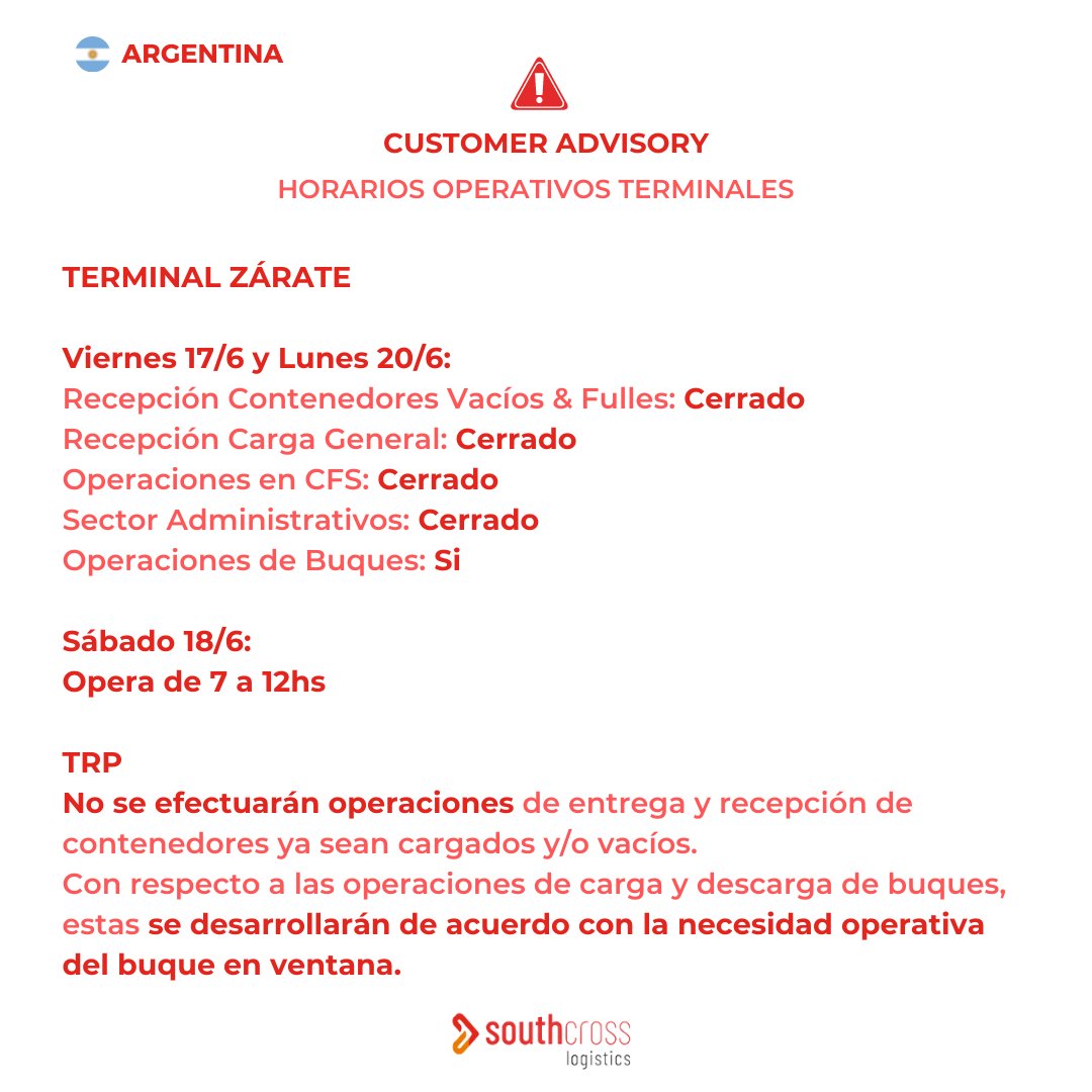 Southcrosslog's tweet photo. ⚠️ Customer Advisory - 🇦🇷 Horarios operativos de Terminales Portuarias | 17/6 &amp; 20/6

#SouthcrossLogistics #YourBusinessRunning #FreightForwarding 
#aduanas  #Import #Export #Customs #Servicios #Transporte #forwarder https://t.co/Yk1hs0AA3J