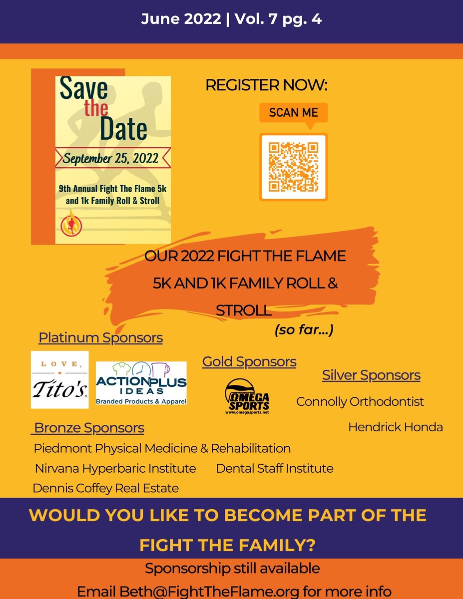 FightTheFlame5k's tweet photo. FTF June Fighting Flames Newsletter #FTF #CRPS #Newsletter #sponsors #BKCounseling #Titos #ActionPlusIdeas #OmegaSports #ConnollyOrtho #HendrickHonda #PiedmontPMR #NirvanaHydrobaric #DentalStaffInstitute #DennisCoffeyRealty https://t.co/FfF2Mf5E85