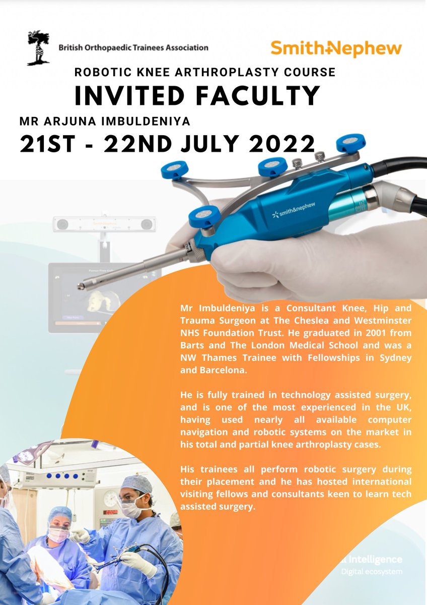 Ignatius Liew (@ignatiusliew) on Twitter photo Delighted to run the 1st Trainee focused
Robotic Knee Arthroplasty Course
<a href="/SmithNephewPLC/">Smith+Nephew</a> <a href="/bota_uk/">BOTA</a>
<a href="/orthooliveruk/">Oliver Adebayo</a> @botarep
Faculty reveal!
Mr Arj Imbuldeniya, Mr Ajeya Adhikari, Mr Chethan Jayadev, Mr Mr Tim Parratt
Sign up shorturl.at/vKRS6
21st to 22nd July 2022 Delighted to run the 1st Trainee focused
Robotic Knee Arthroplasty Course
<a href="/SmithNephewPLC/">Smith+Nephew</a> <a href="/bota_uk/">BOTA</a>
<a href="/orthooliveruk/">Oliver Adebayo</a> @botarep
Faculty reveal!
Mr Arj Imbuldeniya, Mr Ajeya Adhikari, Mr Chethan Jayadev, Mr Mr Tim Parratt
Sign up shorturl.at/vKRS6
21st to 22nd July 2022