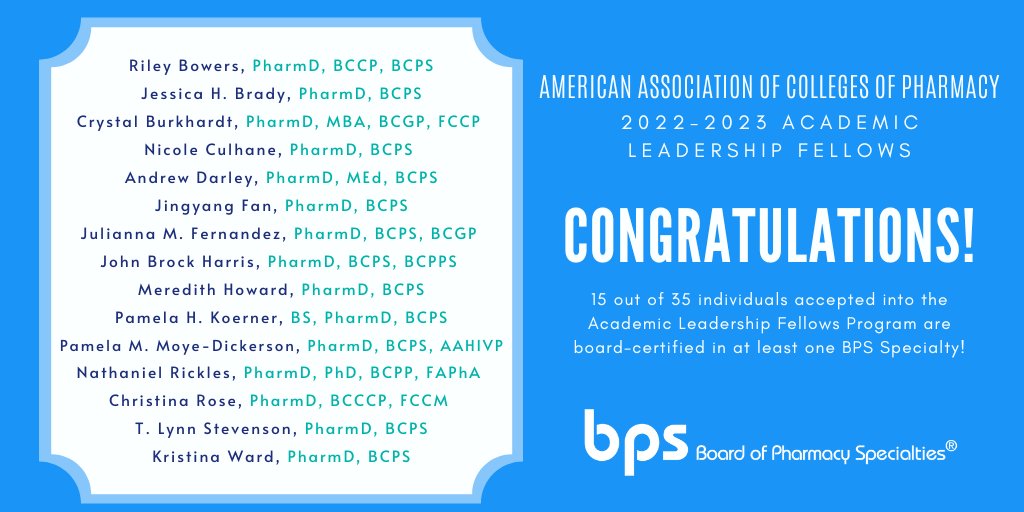 BPSweb's tweet photo. BPS offers its congratulations to the 35 individuals accepted into the Academic Leadership Fellows Program through @AACPharmacy. 15 of these individuals are board-certified in at least one #BPS Specialty area!
Learn more: https://t.co/FNzJJcacpj https://t.co/vRMf1aRuul