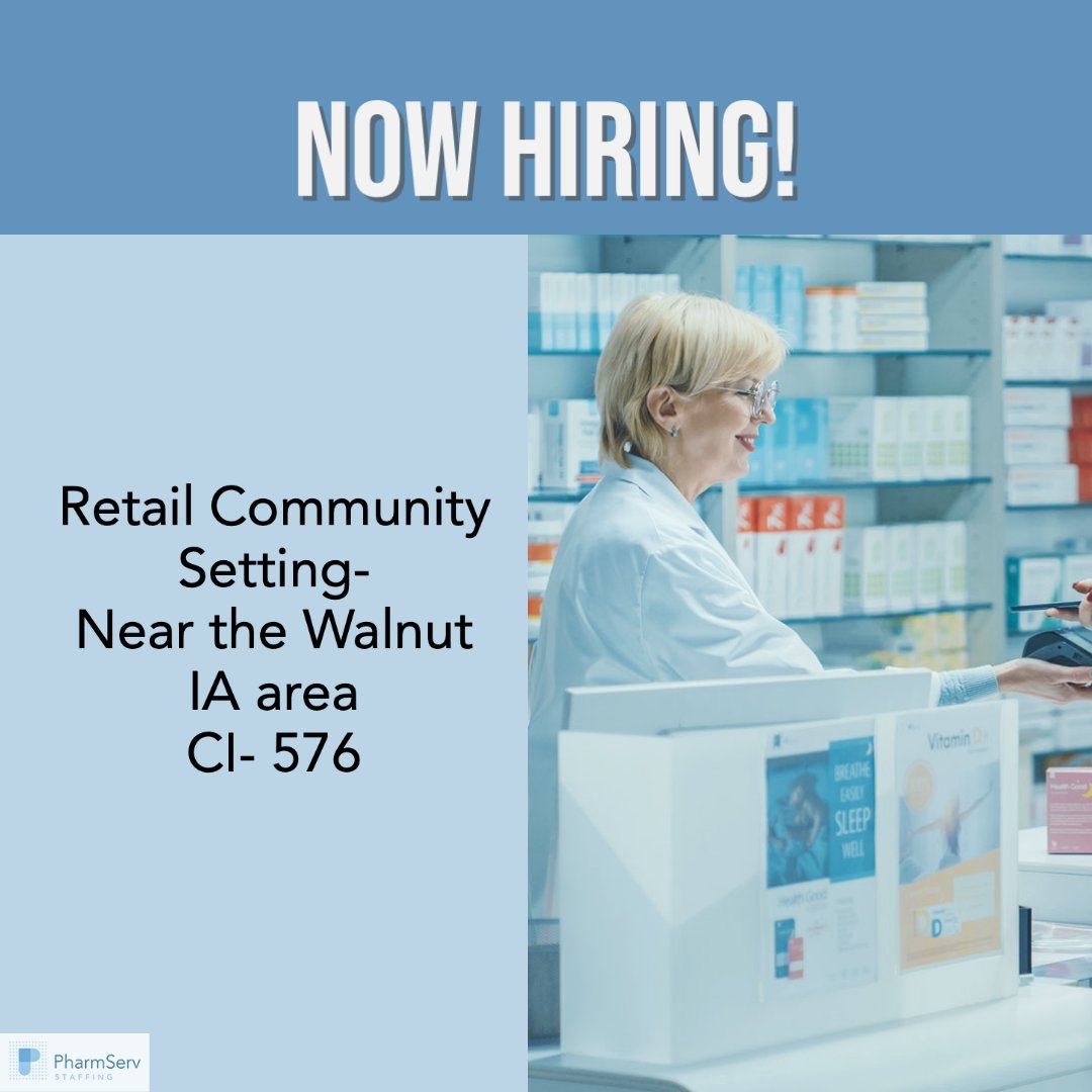 PharmServ's tweet photo. We are looking for diligent and reliable retail pharmacists! Coverage is needed July 13, 2022, for an independently owned Retail Community Pharmacy with an LTC Component.
Apply online at https://t.co/ftPPc1Tkst if interested.  Call or email us if you are already in our network. https://t.co/eiBv3yoZaZ