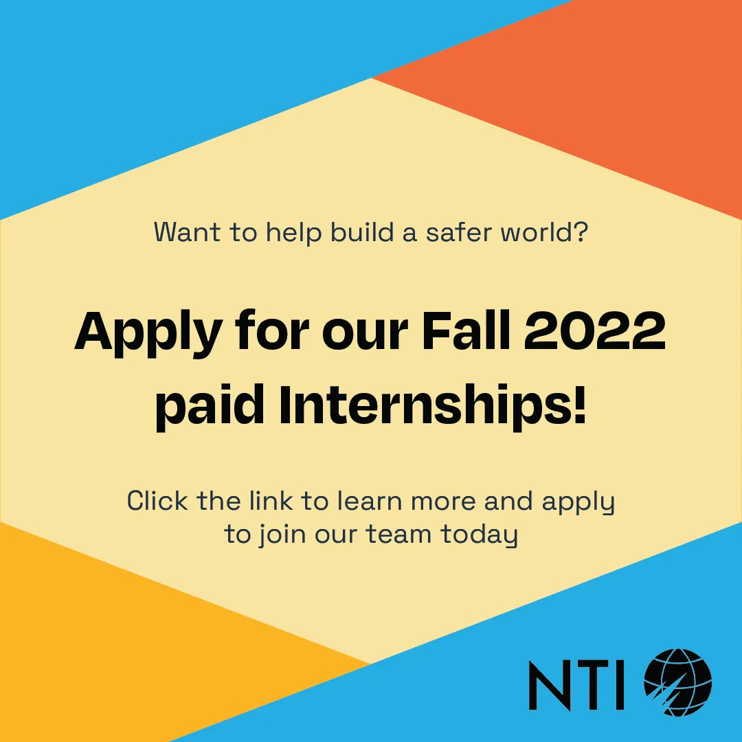 NTI_WMD's tweet photo. We're now accepting applications for our fall internship class! Interns at NTI play a critical role within each of our teams working to advance our mission objectives while learning more about existential risks to humanity.

Learn more and apply today 👉 https://t.co/OQK8nRchdJ https://t.co/qeXkS6hTtE