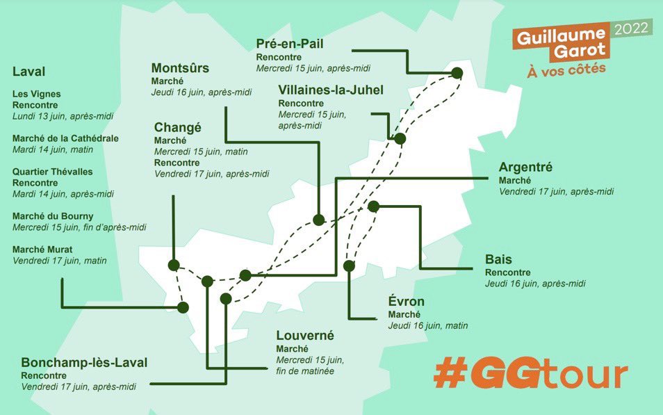 Garot2022's tweet photo. Ce mercredi, le #GGtour nous emmènera sur les marchés de Changé, Louverné, avant de rejoindre Pré-en-Pail, Villaines-la-Juhel puis le Bourny à Laval. 
À votre rencontre ! https://t.co/7J3jBKvMPo