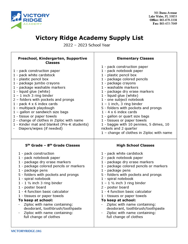 VictoryRidge's tweet photo. Below are VRA's School Supplies Lists for the 2022-2023 School Year.
Please visit our website at: https://t.co/t8XmWasFla for printable versions of these lists.
#VRAPRIDE #VictoryRidgeAcademy https://t.co/ohiNTx8Ynk