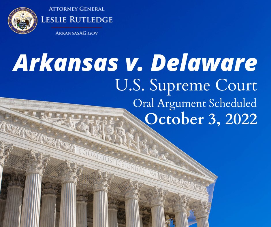 In October, Arkansas will argue the case of Arkansas v. Delaware before the U.S. Supreme Court. Delaware improperly received more than $200 million in unclaimed MoneyGram payments that should have gone to Arkansas and other states. Read more: bit.ly/3QixgRs