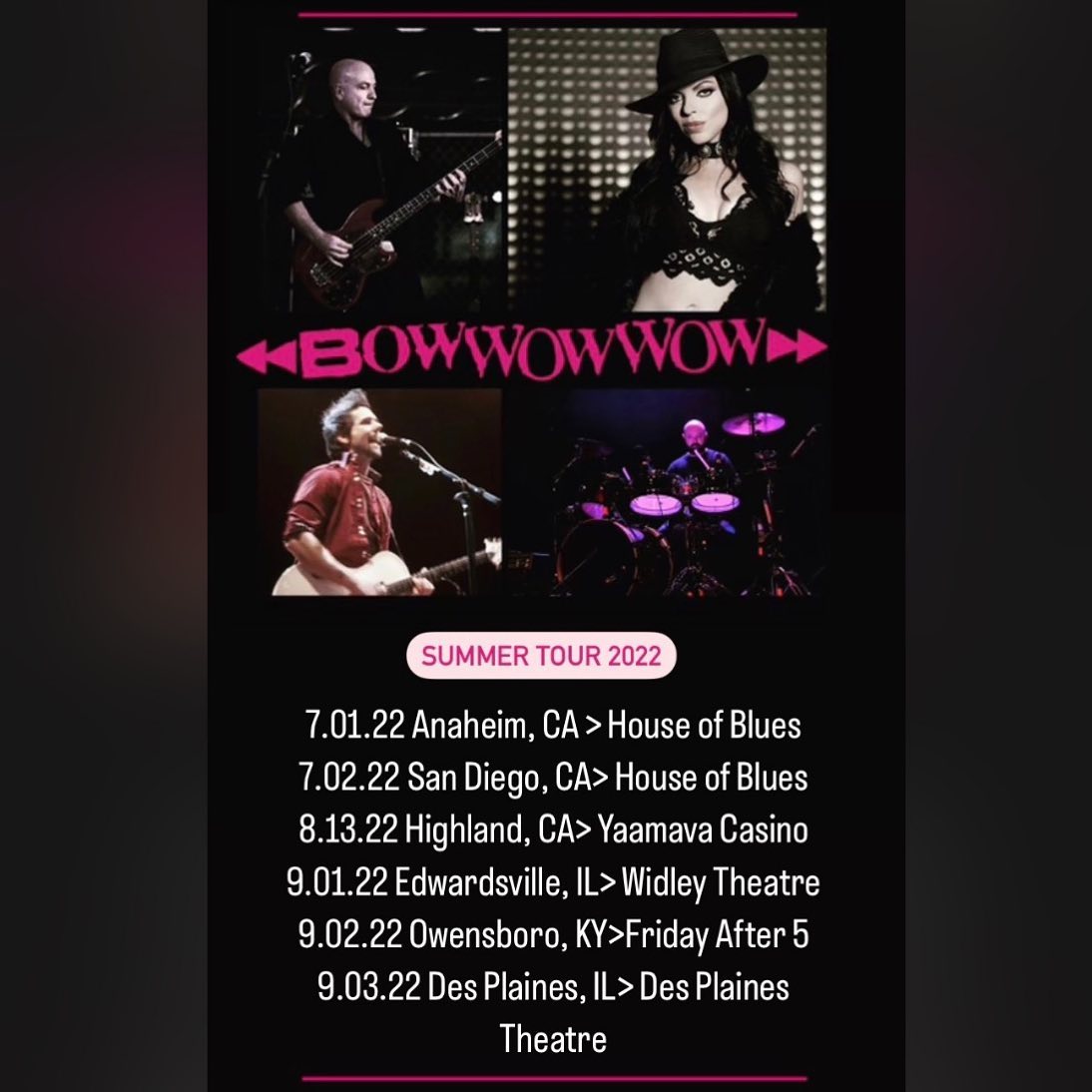 Bow Wow Wow (@bowwowwowband) on Twitter photo Summer Tour 2022 dates! See you soon….
@damemadelyn <a href="/LeighGorman/">Leigh Gorman</a> @seejohnsondrum @jimmymagsmusic
#bowwowwow #bowwowwowband #themotels #livemusic #wheninromeii #livemusicvenue #livemusic #2022summertour #coasttocoast #iwantcandy #afrodizziac Summer Tour 2022 dates! See you soon….
@damemadelyn <a href="/LeighGorman/">Leigh Gorman</a> @seejohnsondrum @jimmymagsmusic
#bowwowwow #bowwowwowband #themotels #livemusic #wheninromeii #livemusicvenue #livemusic #2022summertour #coasttocoast #iwantcandy #afrodizziac