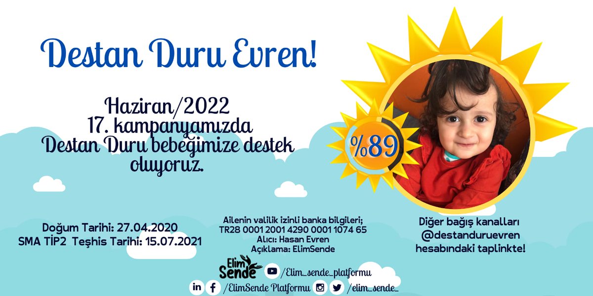 Haziran  ayı bebeğimiz;

Destan Duru EVREN

SMA TİP 2 
DOĞUM TARİHİ: 27.04.2020
TEŞHİS TARİHİ: 15.07.2021
KAMPANYA BAŞLANGIÇ:
AĞUSTOS/2021
YÜZDE: 89
SİVİL TOPLUM NO: 21-1049

34.530 x 100 TL ile bu işi çözüyoruz 

Haydi bakalım, yolumuz açık olsun..