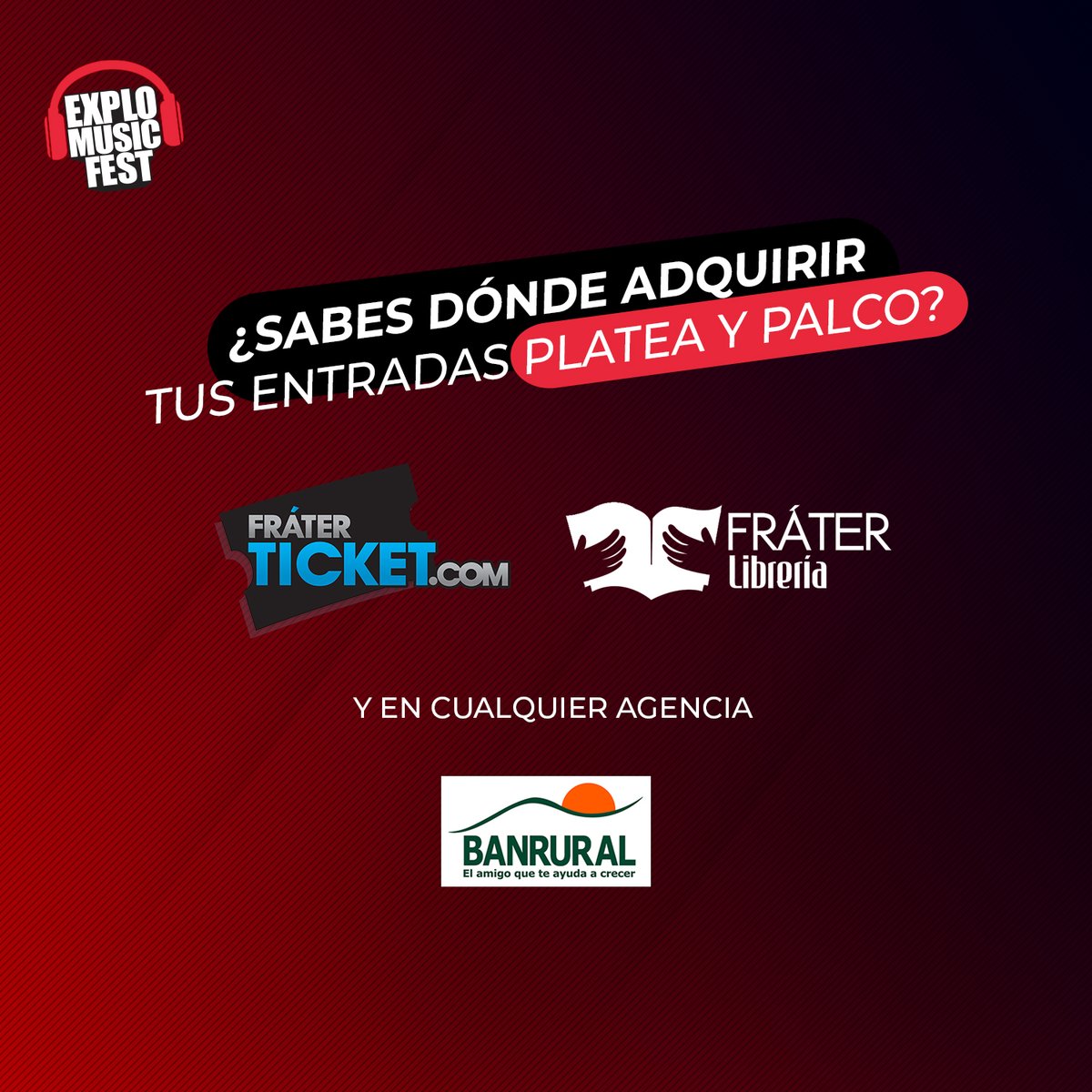 ¡Corre por tus entradas! 🏃🏻‍♀️

Aún estás a tiempo de adquirir tus entradas platea y palco en fraterticket.com, Banrural y Fráter Librería. 🚨

¡No te quedes fuera de #Explo2022! 🔥