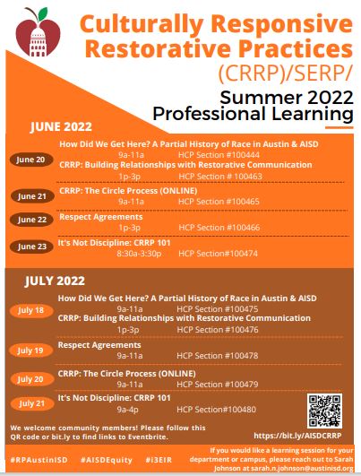 SarahNJohnson1's tweet photo. Next week is full of Culturally Responsive Restorative Practices learning sessions in @austinisd - Check this link for a list and details to sign up. https://t.co/emls75zdyR  #RPAustinISD #AISDEquity #i3EIR https://t.co/ajdqRQZT0y
