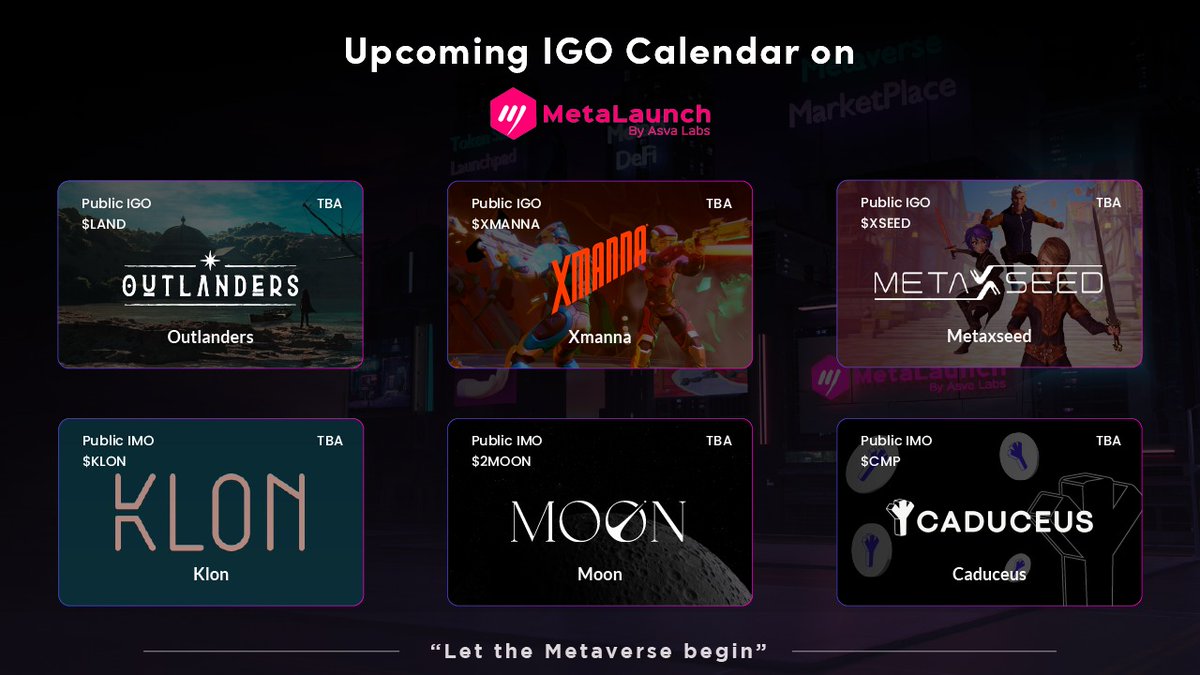 📢The #IGO calendar has been modified by 
@Metalaunch_io
 
Stunning projects are in the works! 

Which one grabs your attention the most? 

🎮 @OutlandersOfficial

🎮 @KLON_Community

🎮 
@xMannaOfficial

🎮 
@MetaxSeed

🎮 
@Moon_The_Game

🎮  @CaduceusChat

#MetaLaunch
