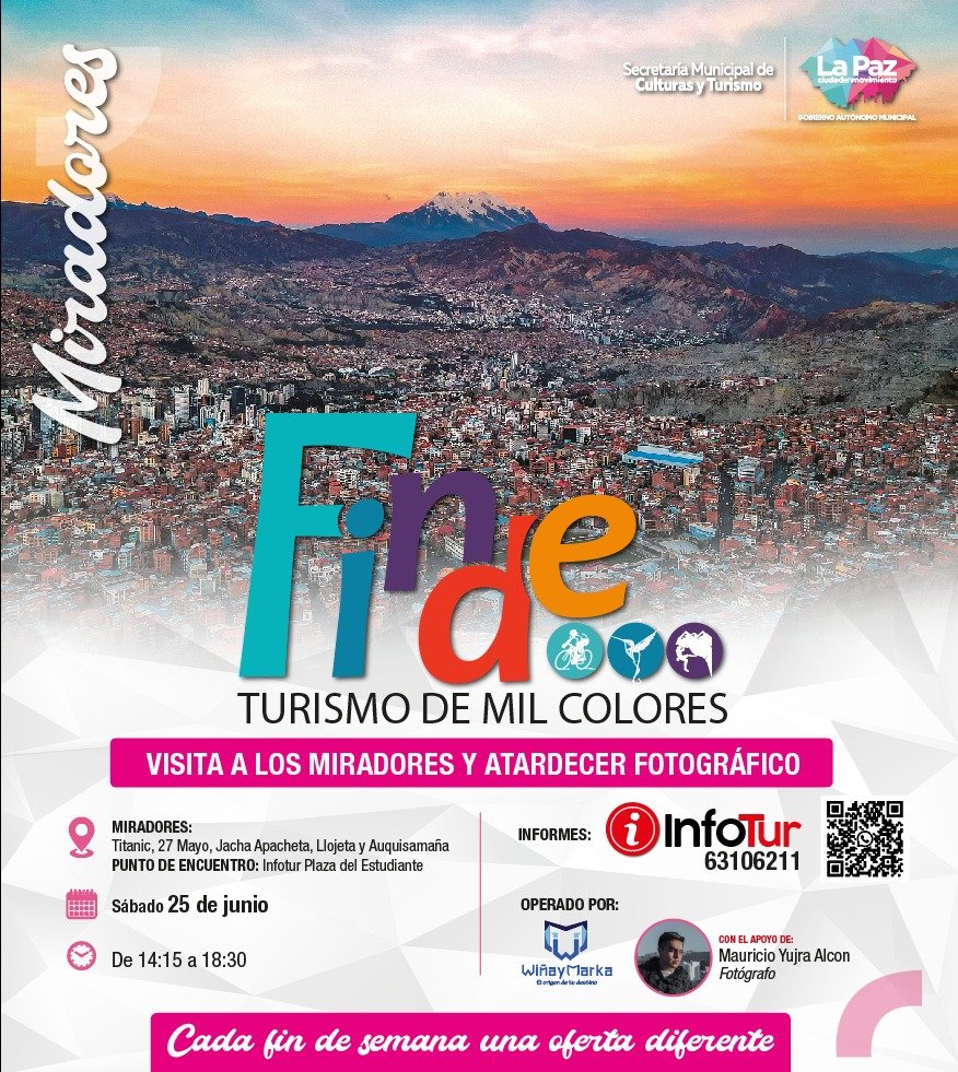¡Se viene un Finde Turismo de Mil Colores! Si te interesa visitar los miradores de nuestra ciudad y disfrutar de atardecer únicos, te invitamos a ser parte de esta actividad el sábado 25 de junio, de 14:15 a 19:30.
Más información InfoTur y al 63106211.
#LaPazCiudadEnMovimiento