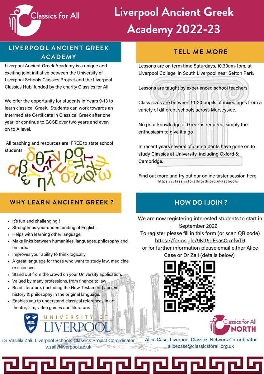 ClassicsNorth's tweet photo. Free Classical Greek lessons for state school pupils in Liverpool and surrounding areas, starting Sept for students in Year 9 and above - beginners to GCSE and beyond - all details below.  Friends, please share @Knox_Harrington @LiverpoolAspire @Classical_Assoc  @LivAncWorlds https://t.co/nM0Xpmyt2S