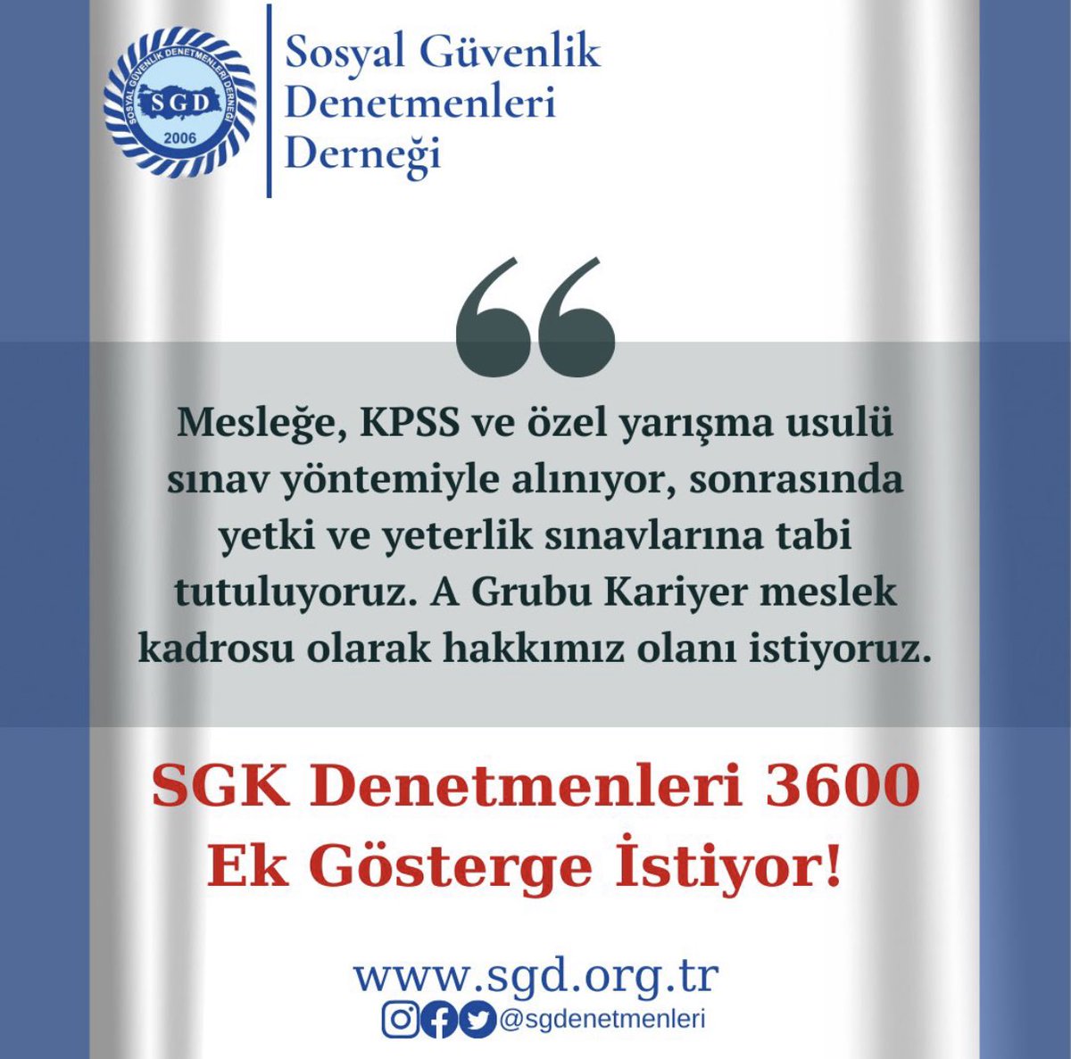 Sosyal Güvenlik Denetmenleri Adalet İstiyor!

<a href="/tcbestepe/">T.C. Cumhurbaşkanlığı</a> 
<a href="/TBMMresmi/">TBMM</a> 
<a href="/csgbakanligi/">T.C. Çalışma ve Sosyal Güvenlik Bakanlığı</a> 
<a href="/sgksosyalmedya/">SGK</a> 
<a href="/RTErdogan/">Recep Tayyip Erdoğan</a> 
<a href="/vedatbilgn/">Vedat Bilgin</a> 
<a href="/cceylan58/">cevdet ceylan</a> 
<a href="/_cevdetyilmaz/">Cevdet Yılmaz</a> 

#SGKDenetmenleri3600İstiyor 
#SosyalGüvenlikDenetmenleri