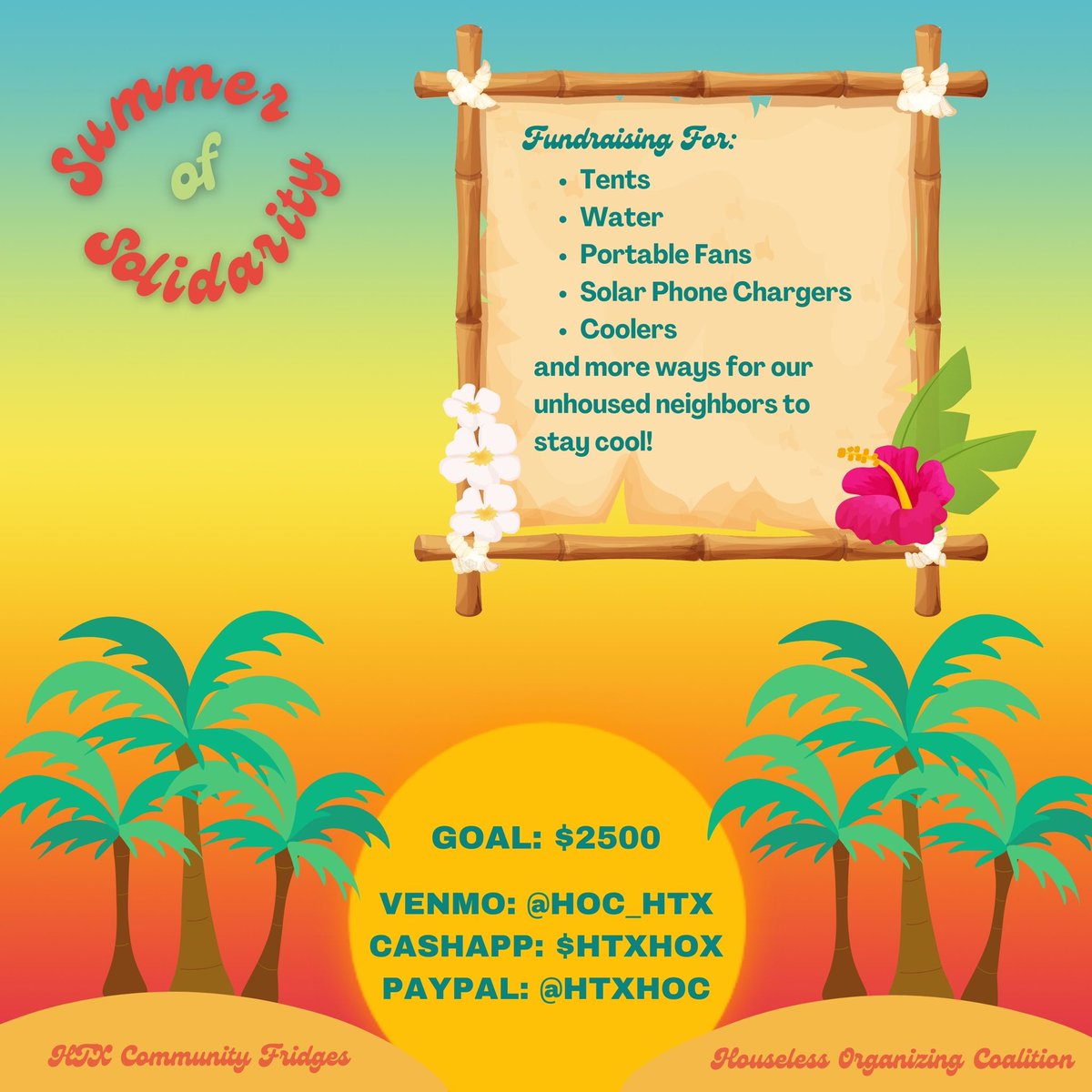 Howdy yall! We’ve partnered with <a href="/htxcommfridges/">Houston Community Fridges</a> to help us continue this summer of solidarity! Please support our efforts by donating so that we are able to support our unhoused community in this summer heat!