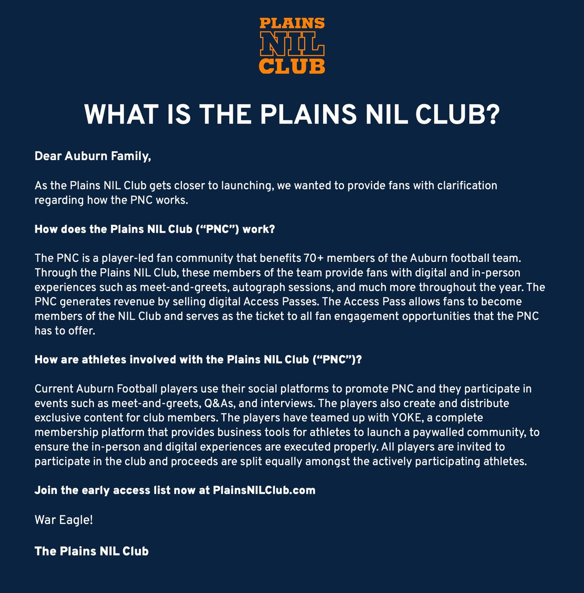 Auburn fans are excited about the Plains NIL Club but are wondering “what exactly is the PNC”?

Support the players today by joining the early access list ➡️ plainsnilclub.com