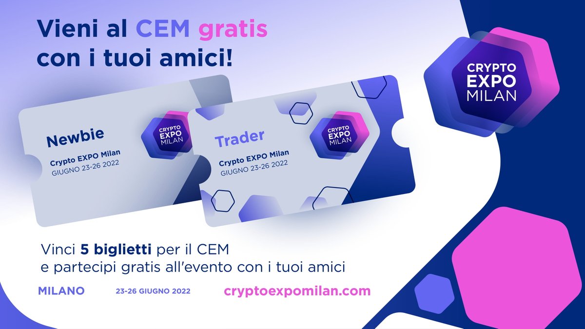 CryptoExpoMilan's tweet photo. 🎉🎉Partecipa al #CEM22 gratis con i tuoi amici🎉

  Vuoi sapere come?

❤️Like +🔁 Retweet
✅Tagga 2 amici interessati a #Crypto #NFT e #Blockchain
👇Compila il form 👇
https://t.co/2KZmV11EpY

🎉Estrazione il 20/06🎉Ci vediamo a Milano 🚀
#CryptoExpoMilan2022 https://t.co/vkWniC2Ltc
