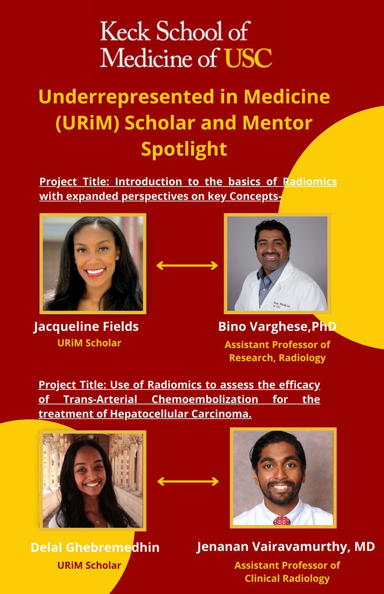 This week we’re giving spotlight to a few of the URiM Scholarship awardees and their research mentors. Each mentor, an accomplished faculty member of the Department of Radiology, offering expertise and bench-side exposure to the field of #RadiologyResearch.