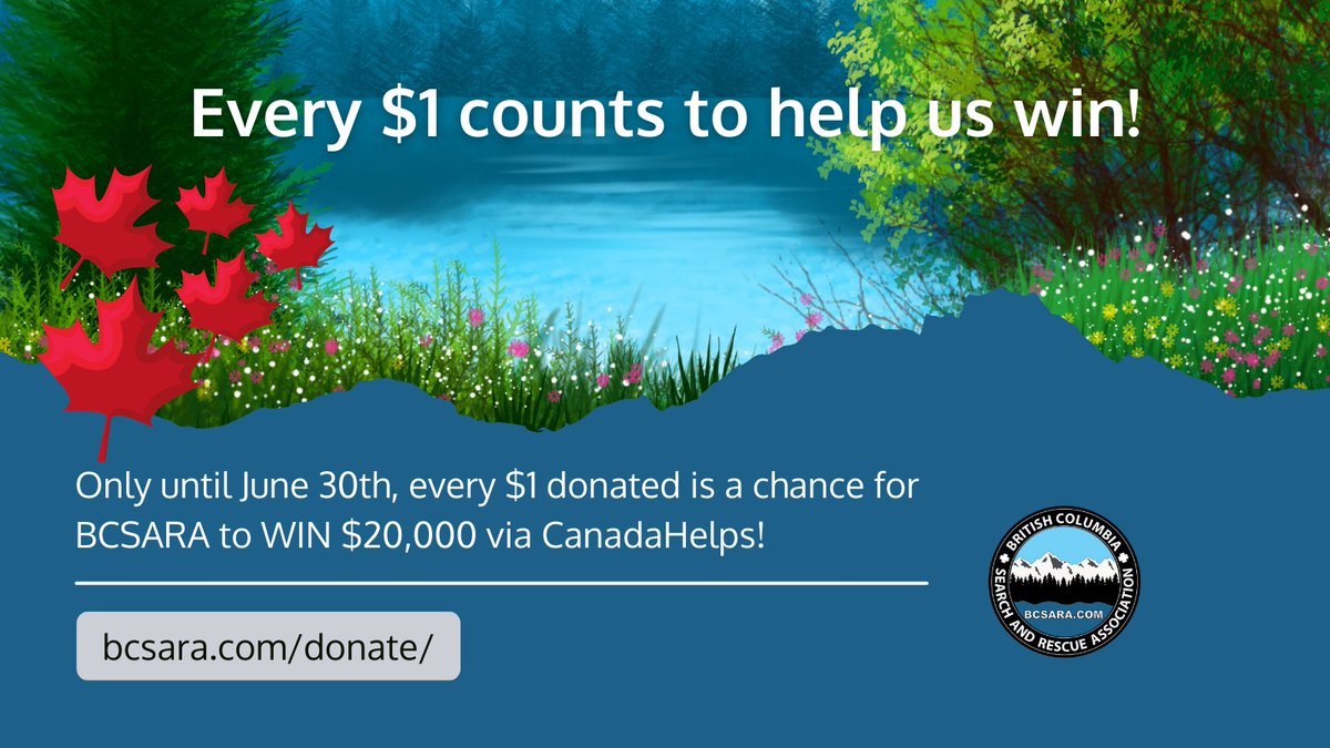 🍁The Great Canadian Giving Challenge is back but not for long! Only until June 30th, every $1 donated is a chance for BCSARA to WIN $20,000 via CanadaHelps. Support BC's SAR community and enter us win with each $1 counting! canadahelps.org/en/givingchall… #GivingChallengeCA #SAR