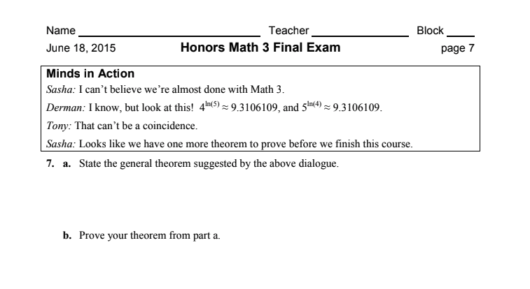 mikeandallie's tweet photo. My son's high school has an old exam archive that he's been using to study for his math final.  I thought this problem about logs and exponentials was nice. https://t.co/USFnseeHBC