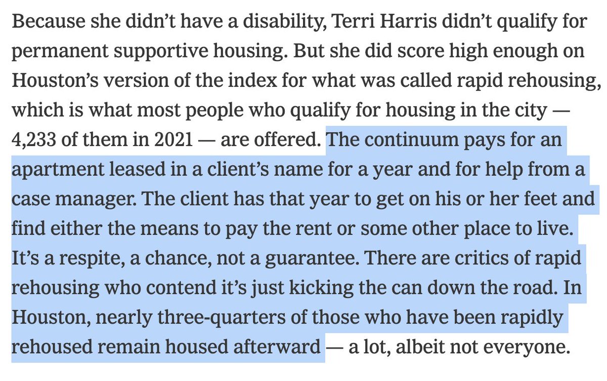 CSElmendorf's tweet photo. Some striking asides in this @nytimes story about Houston's success combatting chronic homelessness: 

- 75% of homeless persons given a free apartment for a year hang on &amp; pay market rents

- Houston has *new* SROs (what other cities allow it?)

1/2
https://t.co/39rSjRKsnR https://t.co/kFaFLPG5bo