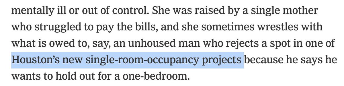 CSElmendorf's tweet photo. Some striking asides in this @nytimes story about Houston's success combatting chronic homelessness: 

- 75% of homeless persons given a free apartment for a year hang on &amp; pay market rents

- Houston has *new* SROs (what other cities allow it?)

1/2
https://t.co/39rSjRKsnR https://t.co/kFaFLPG5bo