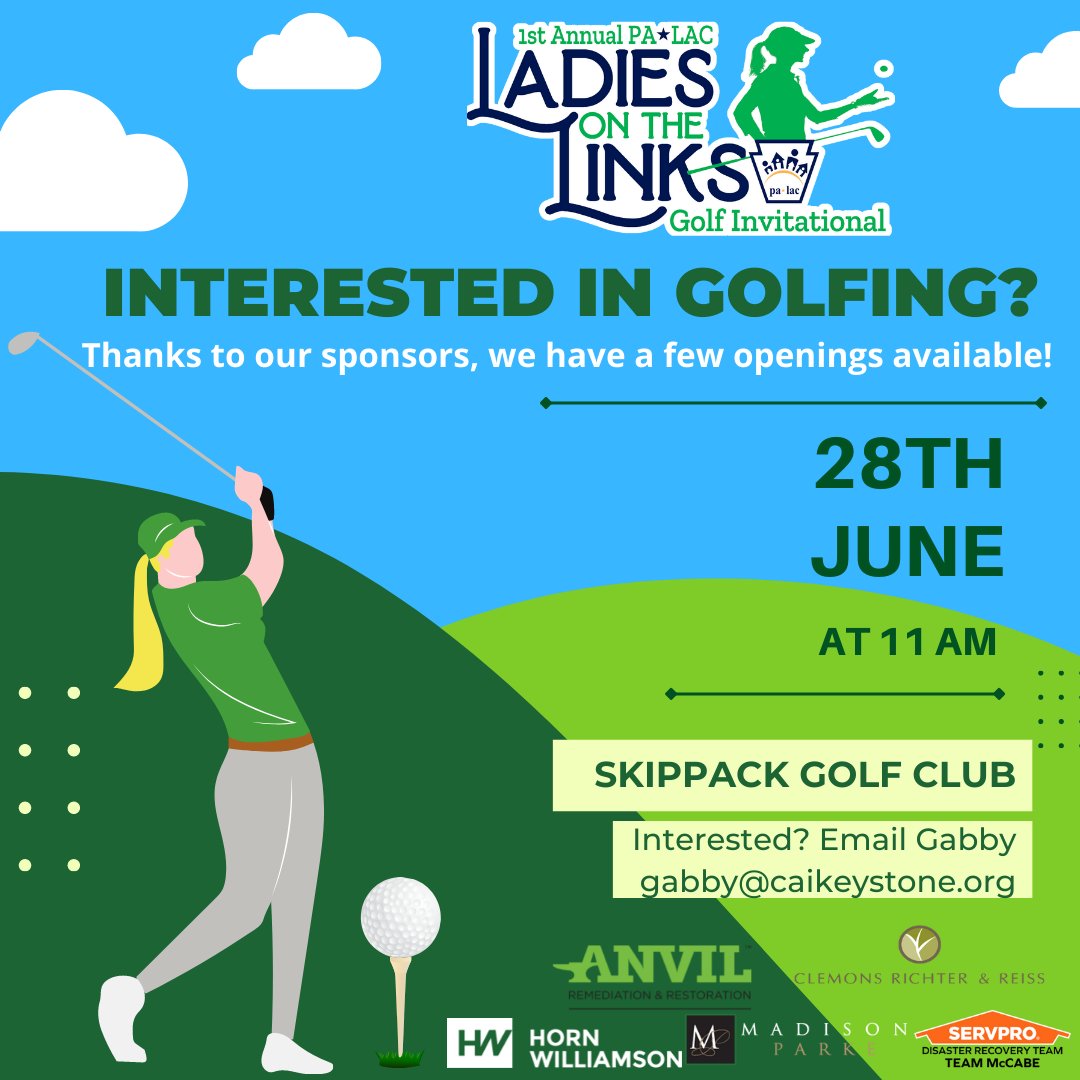 If you're interested in golfing 🏌️‍♀️at the Ladies on the Links, thanks to our sponsors we have a few slots available🔥! Email gabby@caikeystone.org your information to be entered into a drawing. 
#networking #golf  #caikeystone #ladiesgolf

Registration: members.caikeystone.org/events/EventDe…