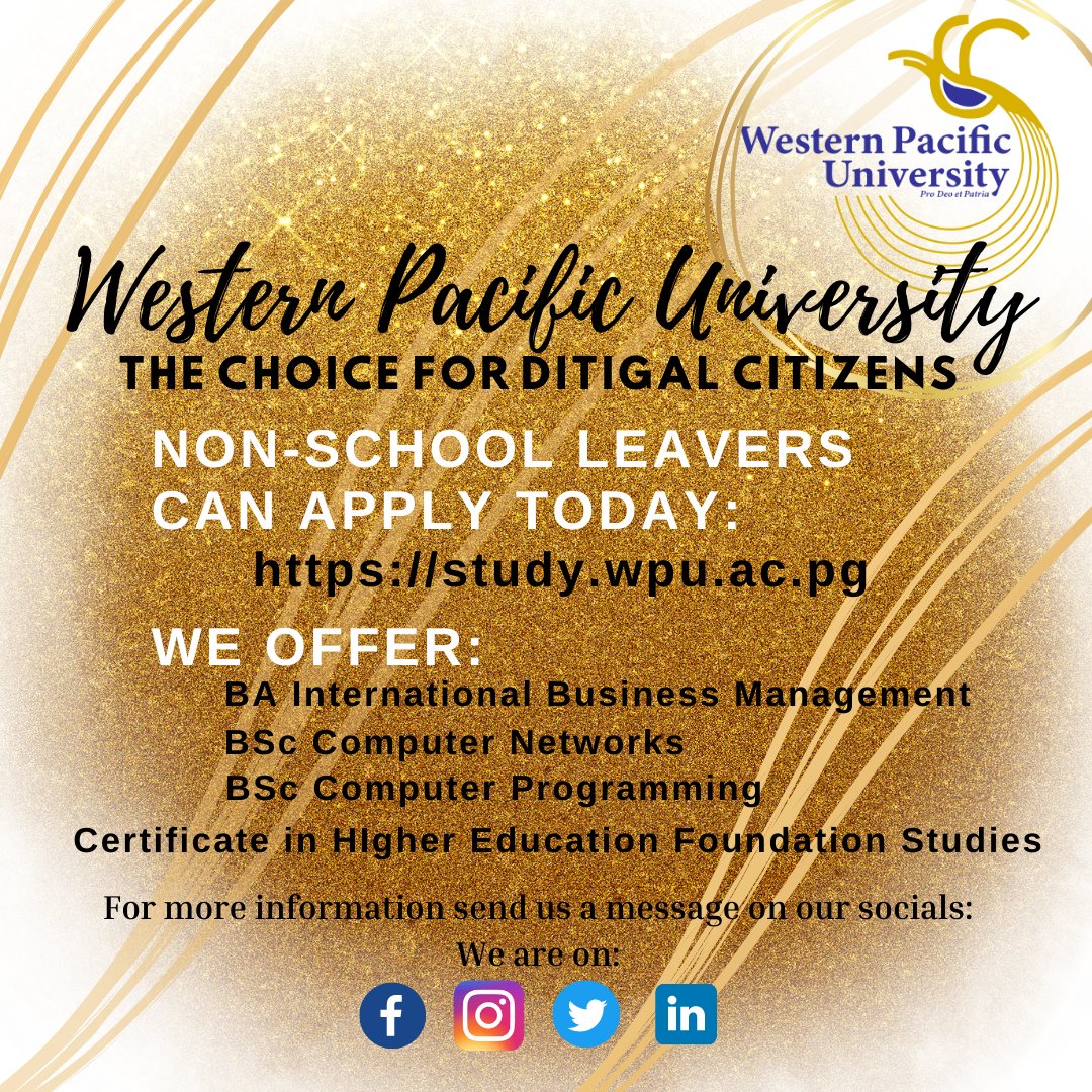 WPU_PNG's tweet photo. Looking to study at Western Pacific University? Submit your application through our online portal. It's simple and cost-effective. Prepare your documents for uploading and click on the link to go straight to the portal:
https://t.co/Ax44dk8KLd
#studyatwpu #onlineapplication https://t.co/i3W2dYmGzY
