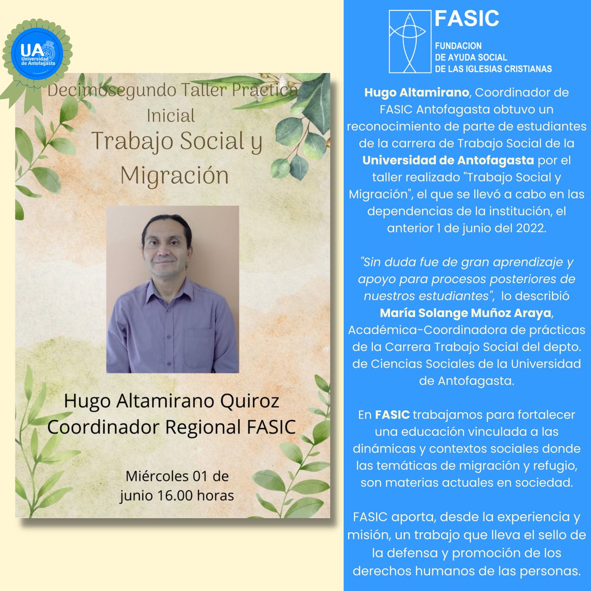 FASICDDHH's tweet image. Compartimos este reconocimiento de la Universidad de Antofagasta @UAntofagasta al Coordinador Regional de #FASIC Hugo Altamirano.👏