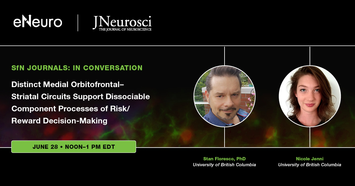 Society for Neuroscience (SfN) (@sfntweets) on Twitter photo Join <a href="/_NicoleJenni/">nicole</a> & <a href="/dr_stan/">Stan Floresco</a> in the upcoming #ResearchInConversation as they discuss how different mOFC projection pathways facilitate diverse aspects of decision-making involving risks and rewards with #JNeurosci Reviewing Editor <a href="/KateWassum/">Kate Wassum 🧠👩🏼🔬</a>
Register ▶️bit.ly/3NI5jRg Join <a href="/_NicoleJenni/">nicole</a> & <a href="/dr_stan/">Stan Floresco</a> in the upcoming #ResearchInConversation as they discuss how different mOFC projection pathways facilitate diverse aspects of decision-making involving risks and rewards with #JNeurosci Reviewing Editor <a href="/KateWassum/">Kate Wassum 🧠👩🏼🔬</a>
Register ▶️bit.ly/3NI5jRg