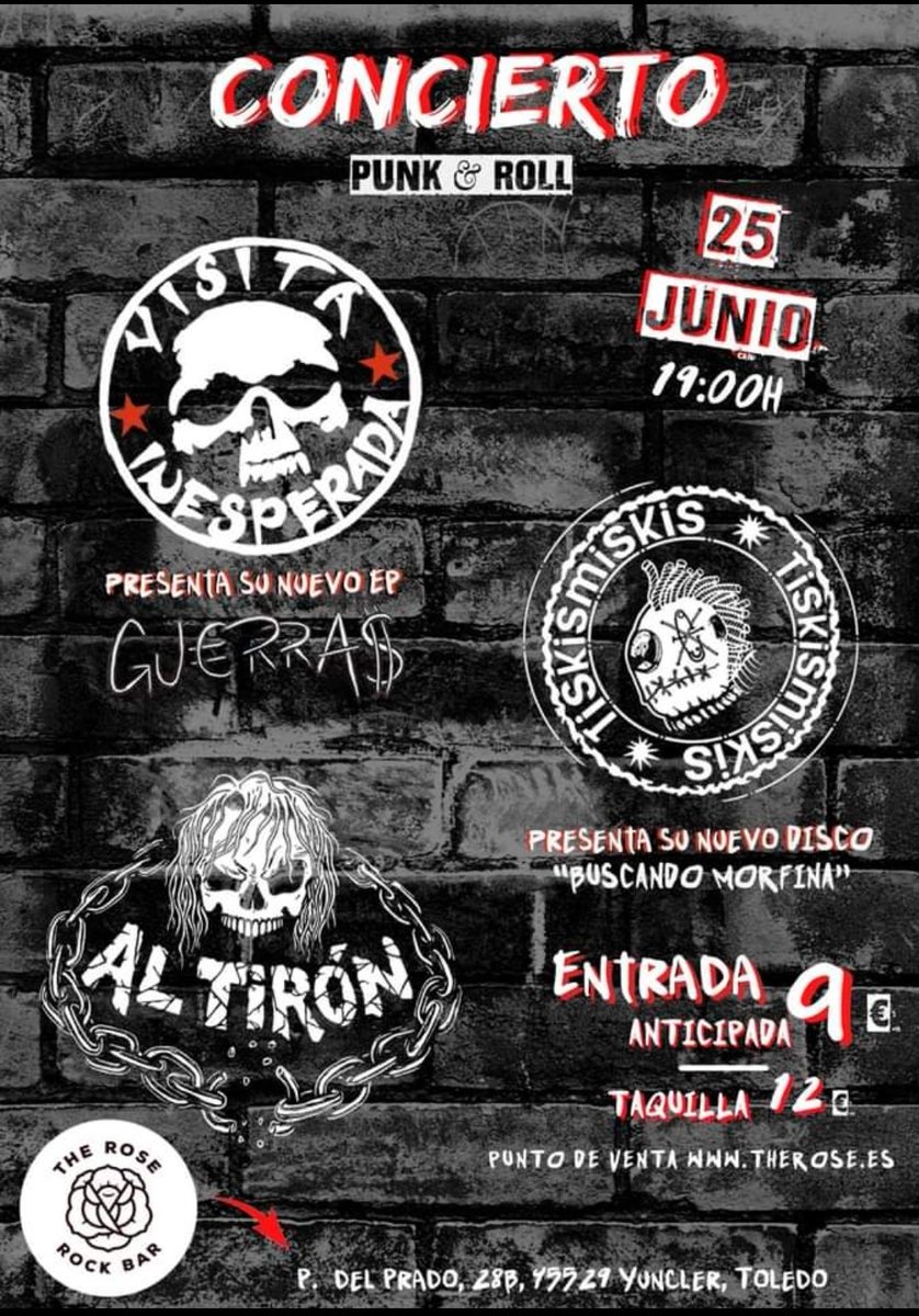 🔥Próximo concierto🔥
 En esta ocasión compartímos escenario con nuestro amigos de #tiskismiskis y @LosVisita
Día 25 de junio en Yuncler (Toledo), en la sala #TheRoseYuncler .