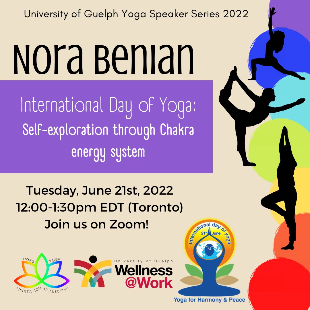 YogaUofg's tweet photo. Join us June 21st from 12pm to 1:30pm (EDT) to learn about Self-exploration through Chakra energy system and to celebrate the International Day of Yoga.
Don’t forget to bring your yoga mat!
To find more details on this event and the zoom link, follow the linktree in our bio. https://t.co/byZZzkcksj
