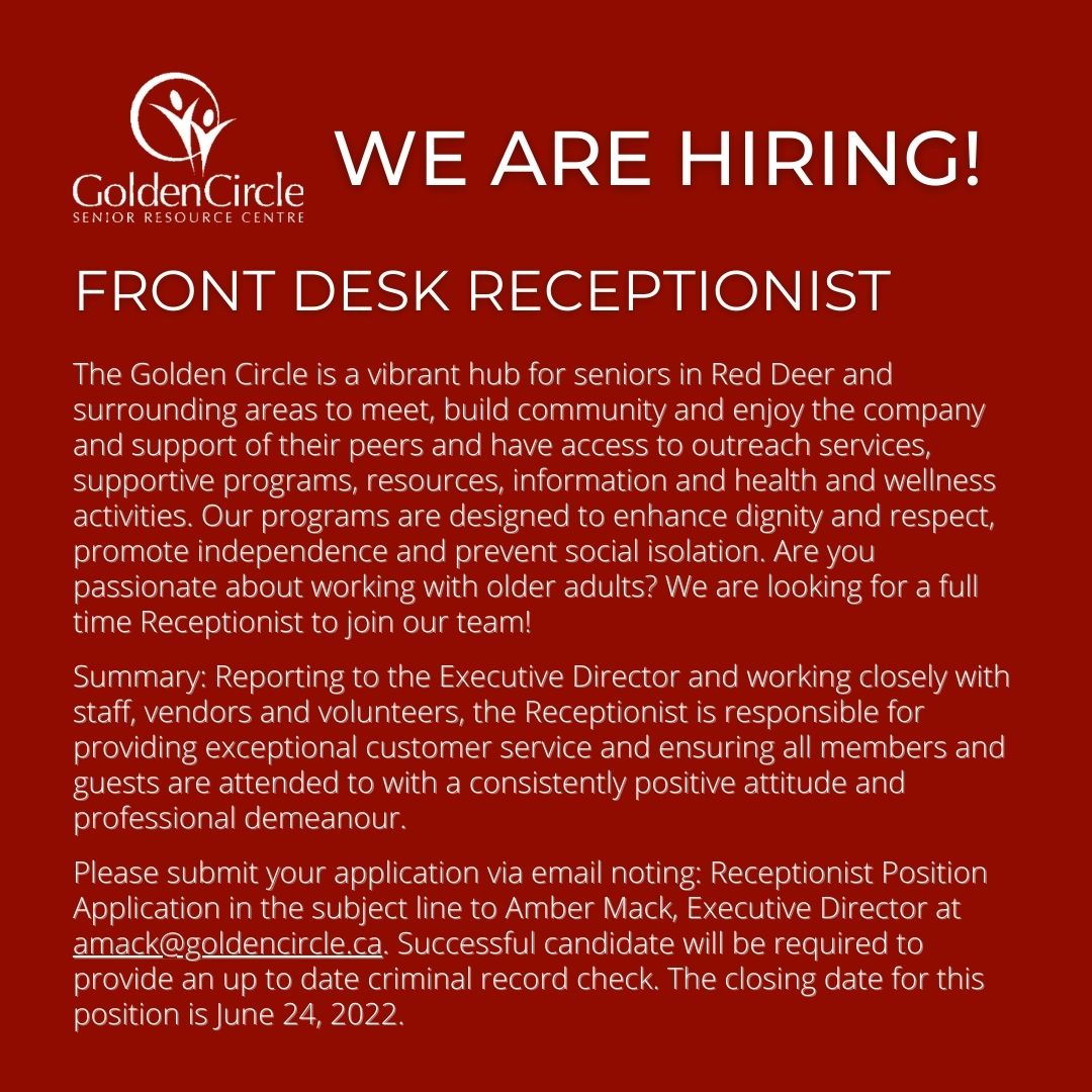 We are hiring! Check out this opportunity here: goldencircle.ca/contact/employ…

#yourseniorcentre #thegoldencircle #reddeeralberta