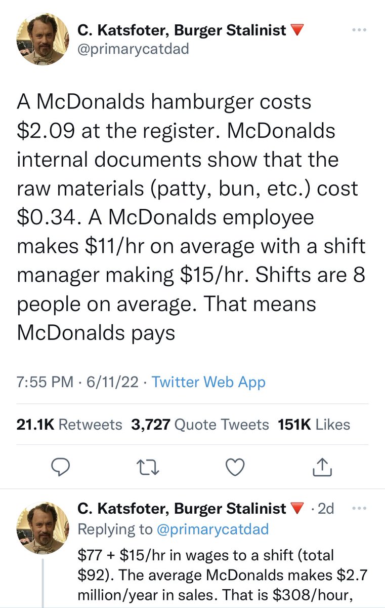 micsolana's tweet photo. left, actual communist propaganda thread driving forward a popular but entirely baseless fast food exploitation narrative. 150,000 likes.

right, thread from an expert on the subject kindly but meticulously taking the propaganda apart. 608 likes. https://t.co/G2hn5OeLEa