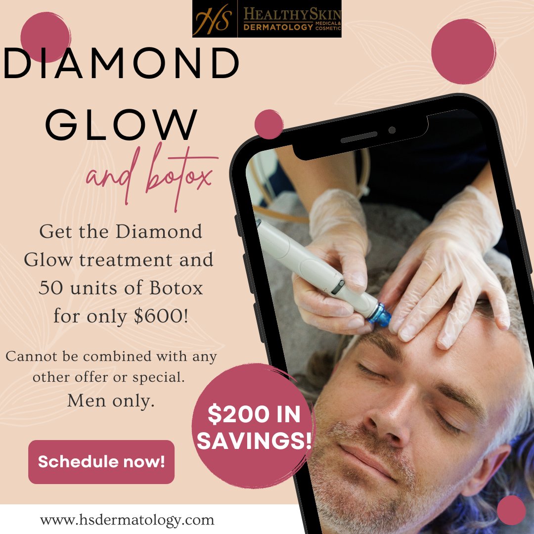 HSDermatology's tweet photo. Get the Diamond Glow treatment and 50 units of Botox for only $600!

That is $200 in savings!
Cannot be combined with any other offer or special.
Men only.

#healthyskindermatology #healthyskin #dermatology #botox #allergan #diamondglow https://t.co/9kcO2Mj518