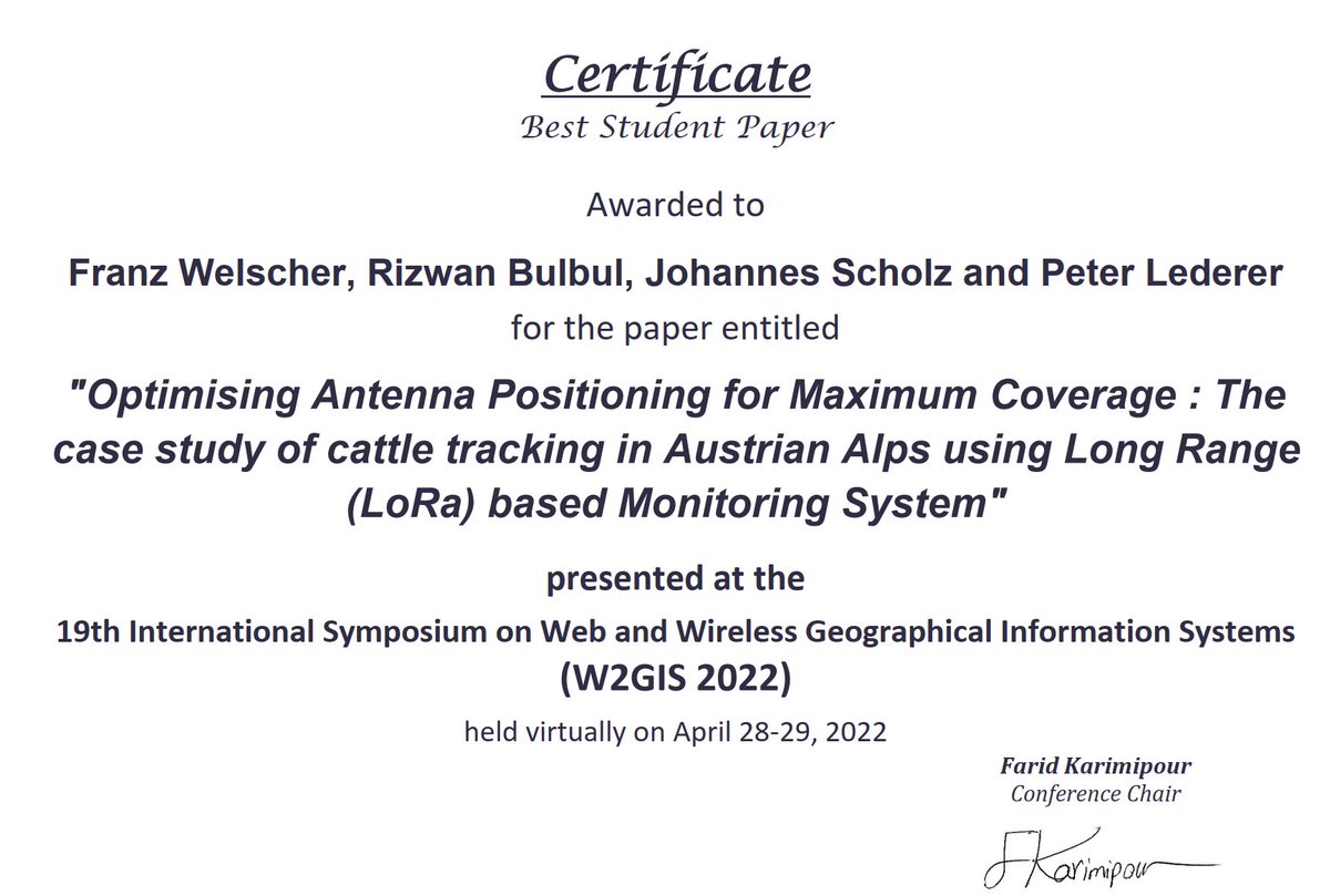 Johannes Scholz (@joe_gisc) on Twitter photo Super happy for my student <a href="/Holz1GST/">Franz Welscher</a> to have received the best student paper award at the #W2GIS conference! Congrats, very well done! Paper is here: doi.org/10.1007/978-3-…. Thanks <a href="/BulbulRizwan/">bulbul@tugraz</a> and <a href="/viehfinder/">ViehFinder</a>! #giscience #geoinformation #geography Super happy for my student <a href="/Holz1GST/">Franz Welscher</a> to have received the best student paper award at the #W2GIS conference! Congrats, very well done! Paper is here: doi.org/10.1007/978-3-…. Thanks <a href="/BulbulRizwan/">bulbul@tugraz</a> and <a href="/viehfinder/">ViehFinder</a>! #giscience #geoinformation #geography