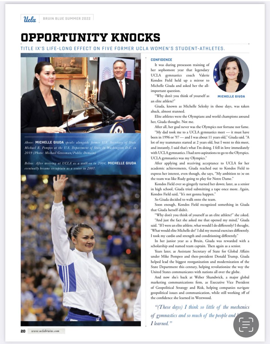 michellegiuda's tweet image. Pretty stoked to be included in this summer’s edition of Bruin Blue Magazine among some incredible women and athletes. Thanks @OfficialMissVal for asking me THE question! 💙💛 @uclagymnastics 

More here: digital.learfield.com/bruin-blue-sum…