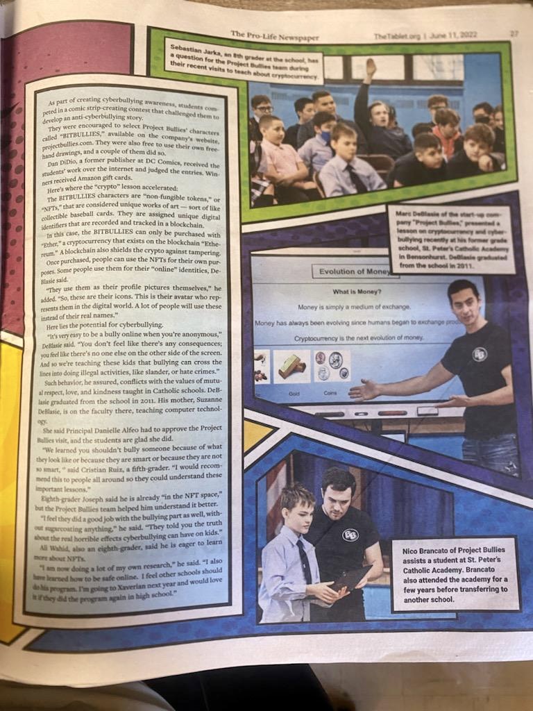 BitBulliesNFT's tweet photo. Project Bullies was featured in a local paper in Brooklyn. Thank you to @TabletNewspaper for recognizing our hard work. 

Comment below with the next NYC school you think @BitBulliesNFT should visit!

https://t.co/W8FiSVxGbM

#Crypto #blockchain #education #antibullying #NFT #NYC https://t.co/vCZJN9SrP2