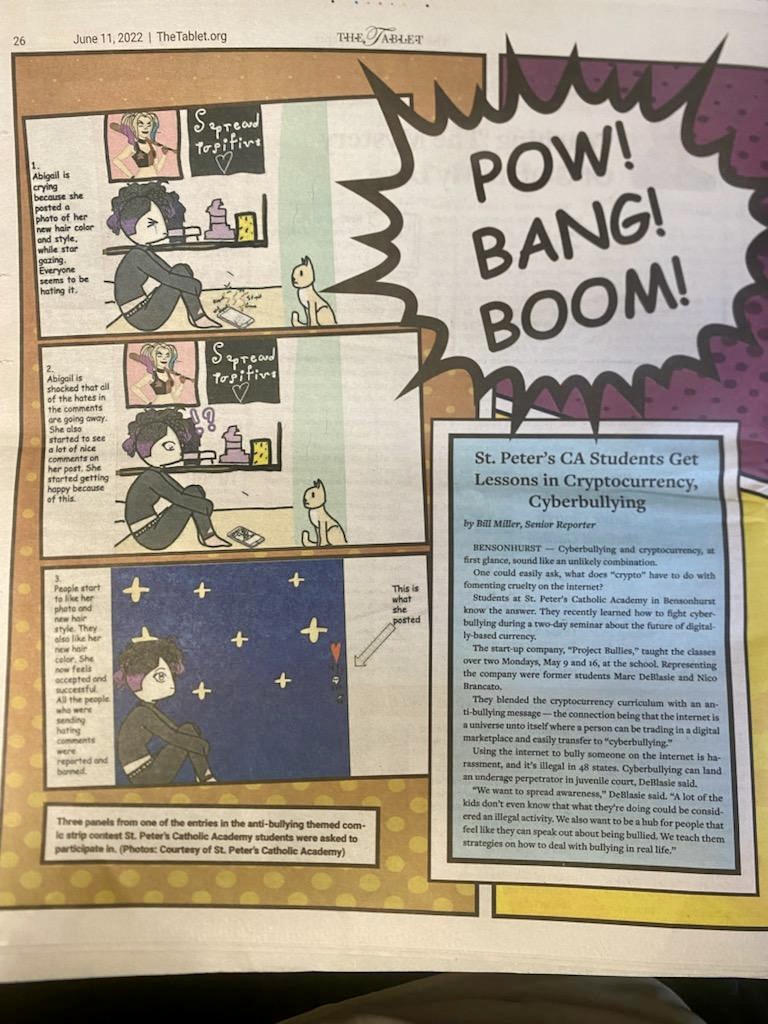 BitBulliesNFT's tweet photo. Project Bullies was featured in a local paper in Brooklyn. Thank you to @TabletNewspaper for recognizing our hard work. 

Comment below with the next NYC school you think @BitBulliesNFT should visit!

https://t.co/W8FiSVxGbM

#Crypto #blockchain #education #antibullying #NFT #NYC https://t.co/vCZJN9SrP2