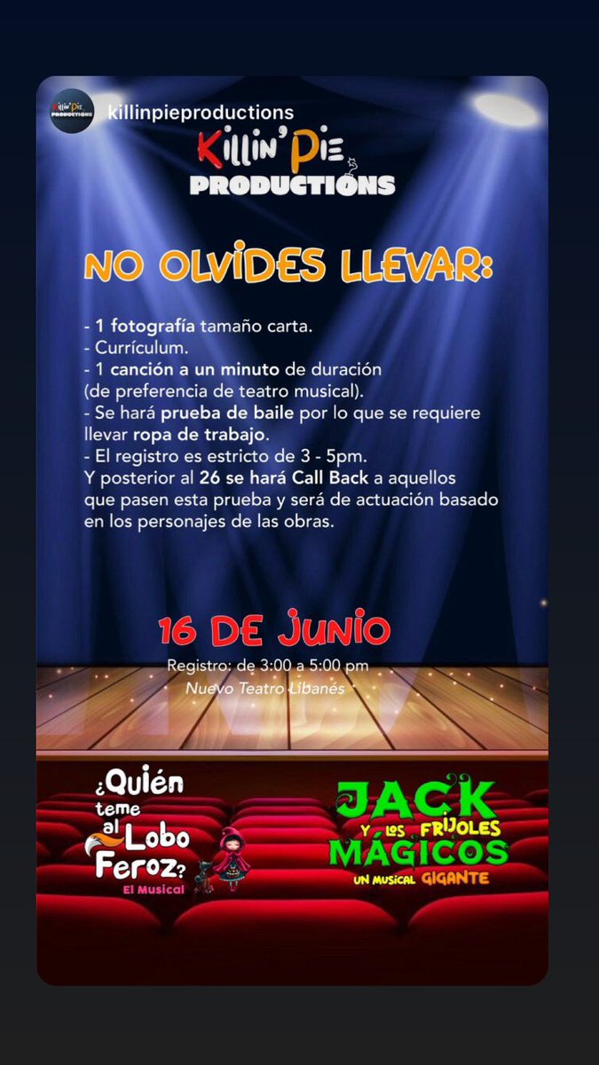 KillinPie's tweet photo. Nos vemos el jueves en el #nuevoteatrolibanes registro de audiciones de las 3 a 5pm niños y niñas de 8 a 14 años https://t.co/K2GQoGB5ry